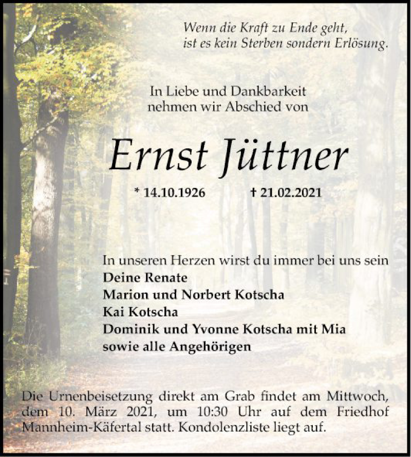  Traueranzeige für Ernst Jüttner vom 06.03.2021 aus Mannheimer Morgen