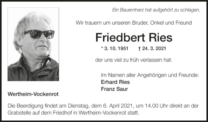  Traueranzeige für Friedbert Ries vom 30.03.2021 aus Fränkische Nachrichten