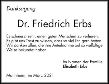 Traueranzeige von Friedrich Erbs von Mannheimer Morgen