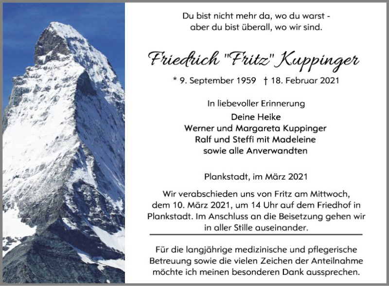  Traueranzeige für Friedrich Kuppinger vom 06.03.2021 aus Schwetzinger Zeitung