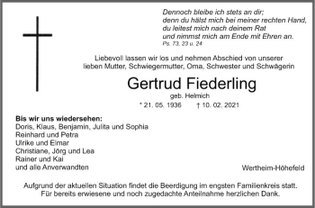 Traueranzeige von Gertrud Fiederling von Fränkische Nachrichten