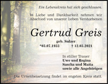 Traueranzeige von Gertrud Greis von Mannheimer Morgen