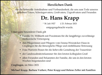 Traueranzeige von Hans Krapp von Fränkische Nachrichten