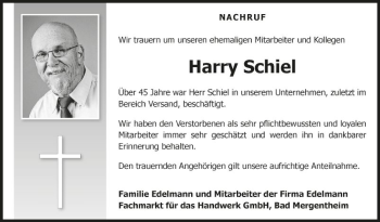 Traueranzeige von Harry Schiel von Fränkische Nachrichten