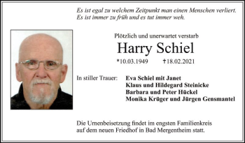 Traueranzeige von Harry Schiel von Fränkische Nachrichten