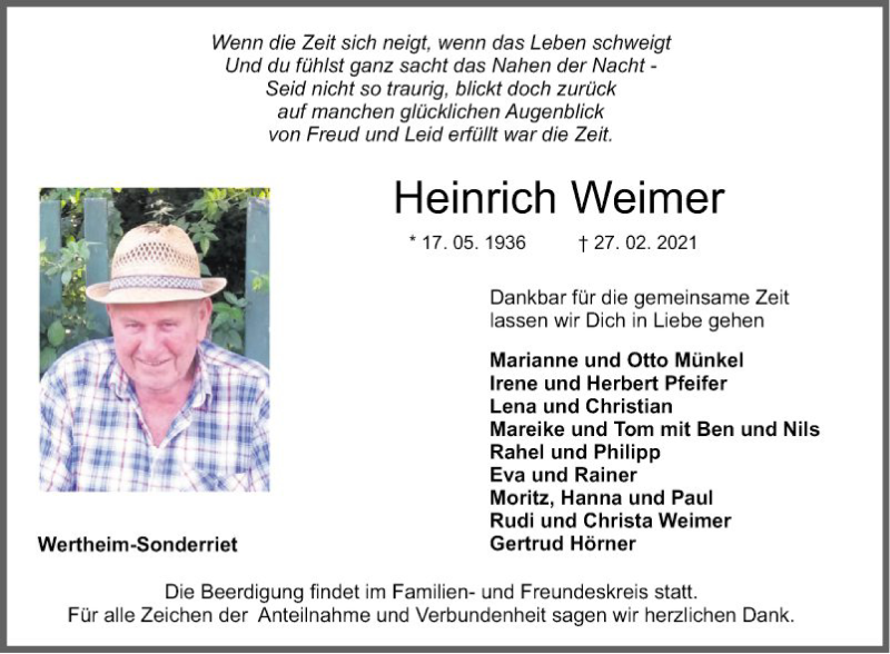  Traueranzeige für Heinrich Weimer vom 02.03.2021 aus Fränkische Nachrichten