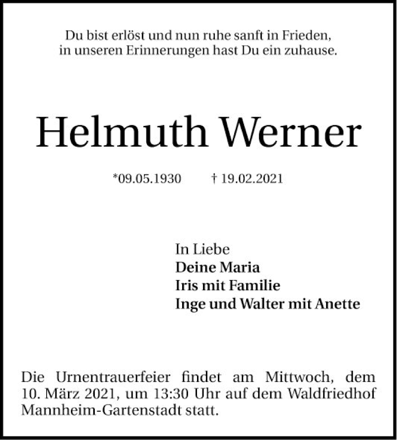 Traueranzeige für Helmuth Werner vom 06.03.2021 aus Mannheimer Morgen