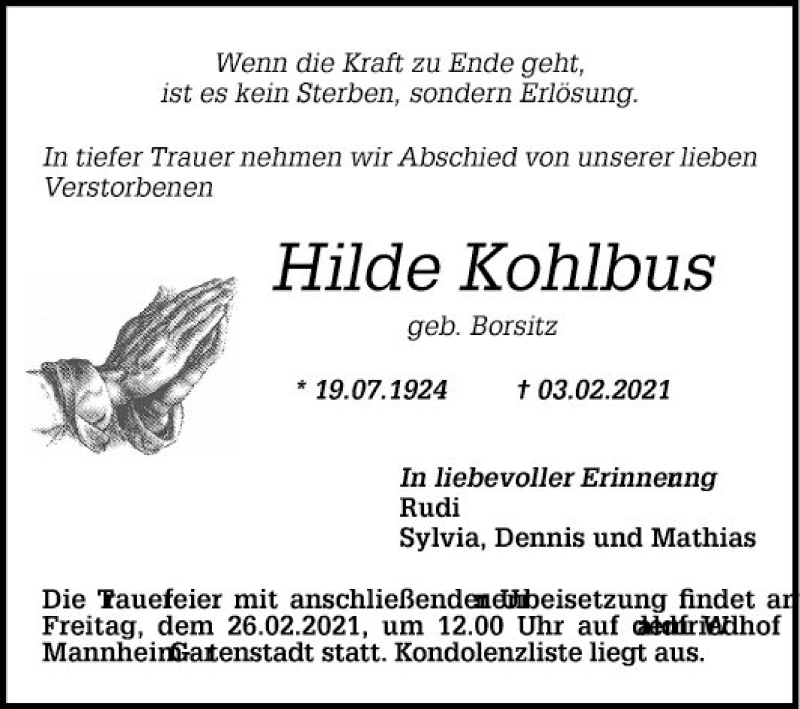  Traueranzeige für Hilde Kohlbus vom 20.02.2021 aus Mannheimer Morgen