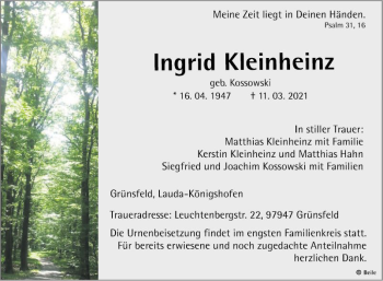 Traueranzeige von Ingrid Kleinheinz von Fränkische Nachrichten