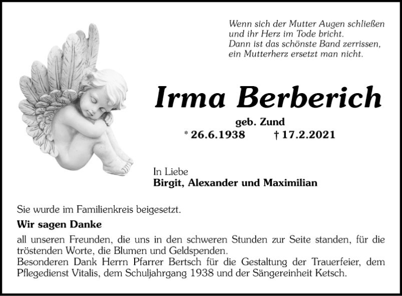  Traueranzeige für Irma Berberich vom 20.03.2021 aus Schwetzinger Zeitung