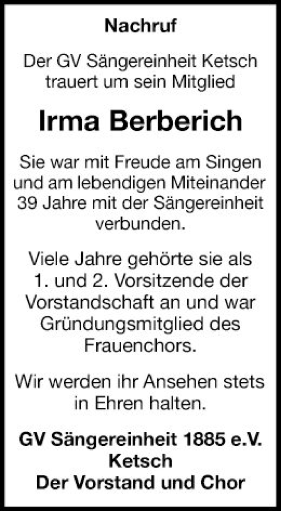  Traueranzeige für Irma Berberich vom 20.03.2021 aus Schwetzinger Zeitung