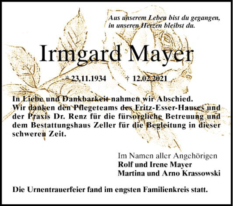  Traueranzeige für Irmgard Mayer vom 20.03.2021 aus Mannheimer Morgen