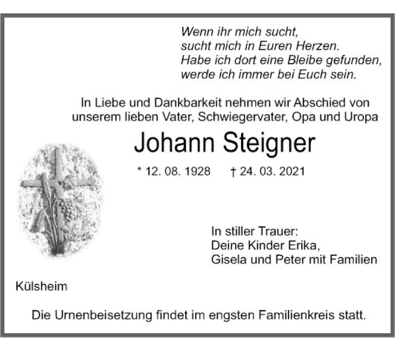  Traueranzeige für Johann Steigner vom 27.03.2021 aus Fränkische Nachrichten