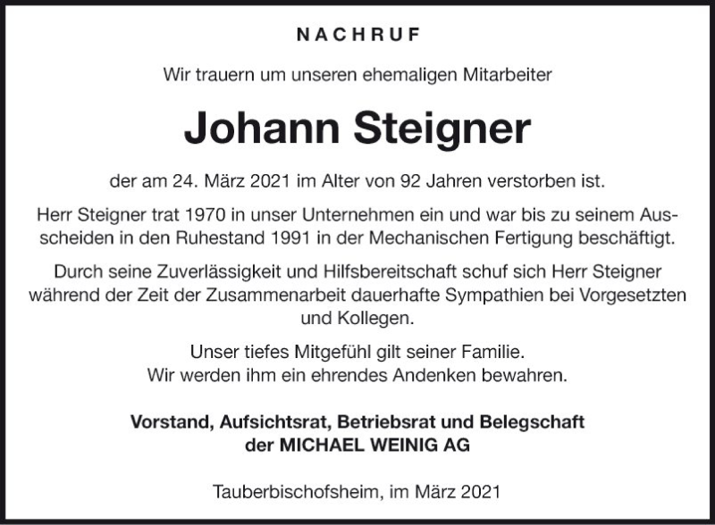  Traueranzeige für Johann Steigner vom 30.03.2021 aus Fränkische Nachrichten