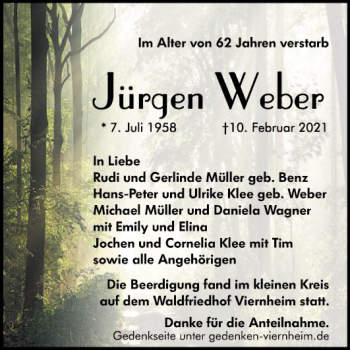 Traueranzeige von Jürgen Weber von Südhessen Morgen