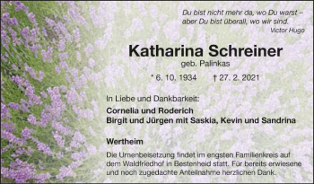 Traueranzeige von Katharina Schreiner von Fränkische Nachrichten