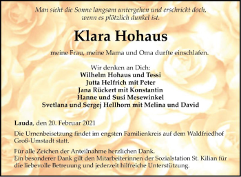 Traueranzeige von Klara Hohaus von Fränkische Nachrichten