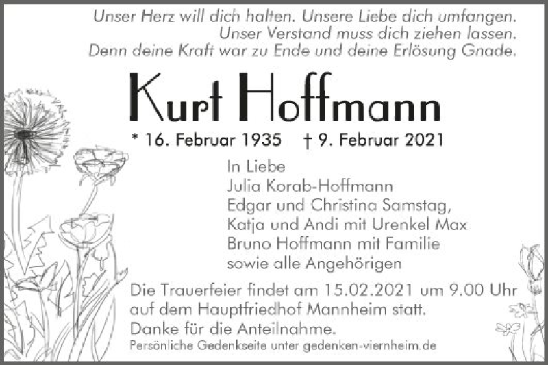  Traueranzeige für Kurt Hoffmann vom 13.02.2021 aus Südhessen Morgen
