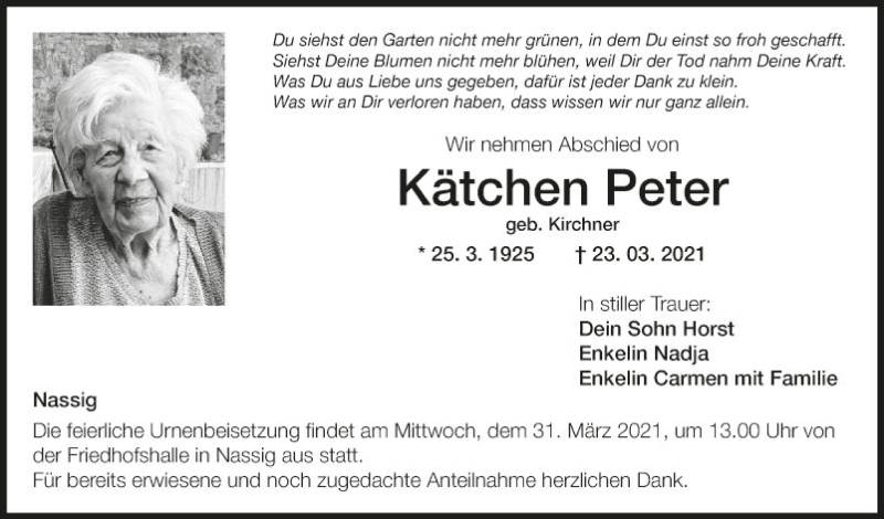  Traueranzeige für Kätchen Peter vom 30.03.2021 aus Fränkische Nachrichten