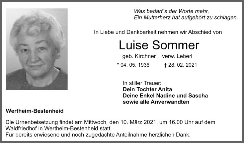  Traueranzeige für Luise Sommer vom 05.03.2021 aus Fränkische Nachrichten