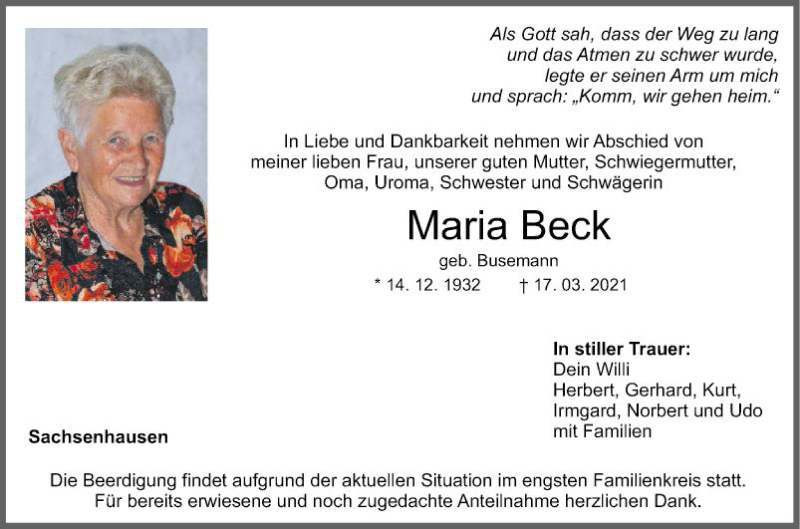  Traueranzeige für Maria Beck vom 19.03.2021 aus Fränkische Nachrichten