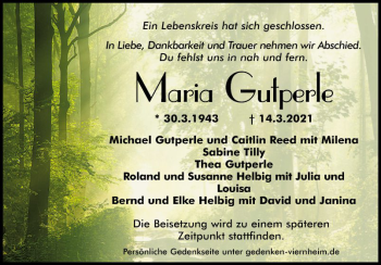 Traueranzeige von Maria Gutperle von Südhessen Morgen