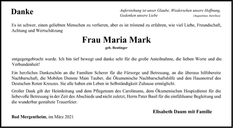  Traueranzeige für Maria Mark vom 05.03.2021 aus Fränkische Nachrichten