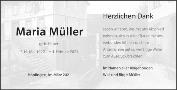 Traueranzeige von Maria Müller von Fränkische Nachrichten