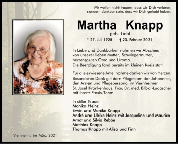 Traueranzeige von Martha Knapp von Südhessen Morgen