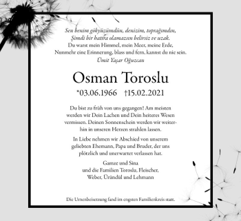 Traueranzeige von Osman Toroslu von Mannheimer Morgen