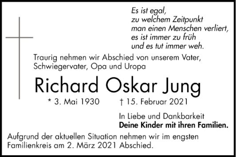  Traueranzeige für Richard Oskar Jung vom 20.02.2021 aus Mannheimer Morgen