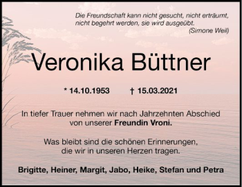 Traueranzeige von Veronika Büttner von Mannheimer Morgen