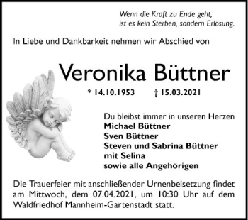 Traueranzeige von Veronika Büttner von Mannheimer Morgen