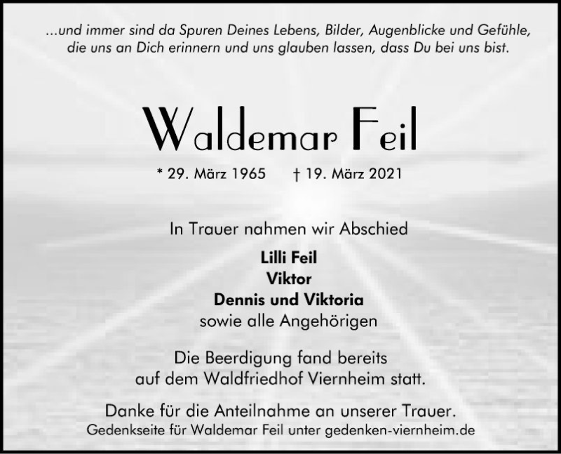  Traueranzeige für Waldemar Feil vom 27.03.2021 aus Südhessen Morgen