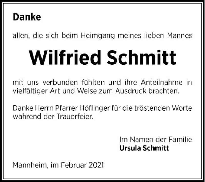  Traueranzeige für Wilfried Schmitt vom 20.02.2021 aus Mannheimer Morgen