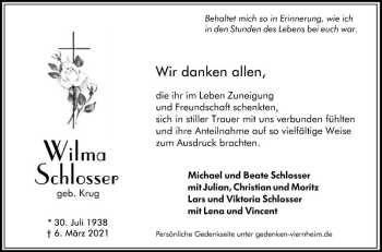 Traueranzeige von Wilma Schlosser von Mannheimer Morgen