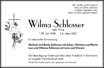 Traueranzeige von Wilma Schlosser von Südhessen Morgen