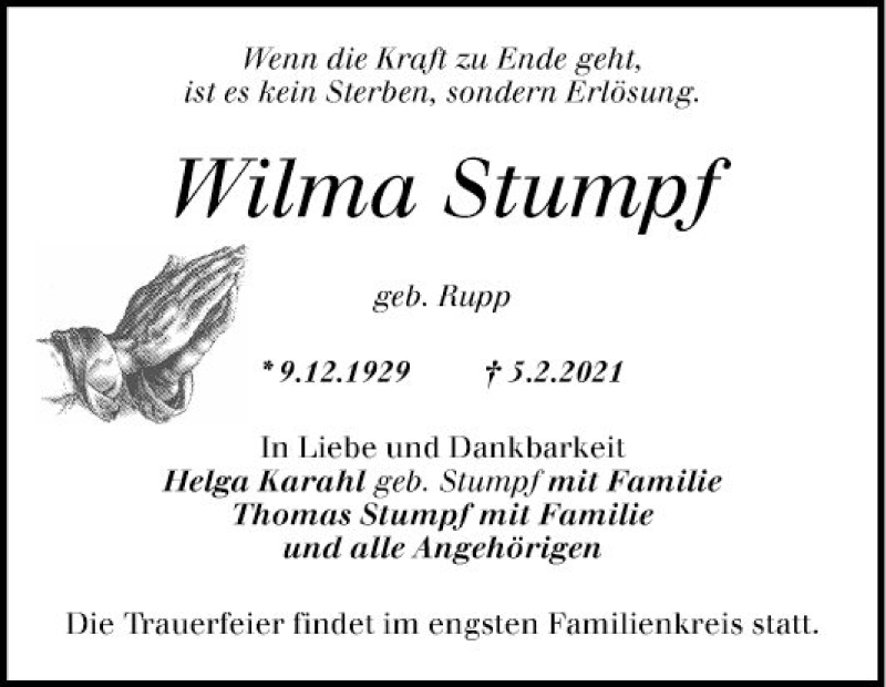  Traueranzeige für Wilma Stumpf vom 20.02.2021 aus Mannheimer Morgen