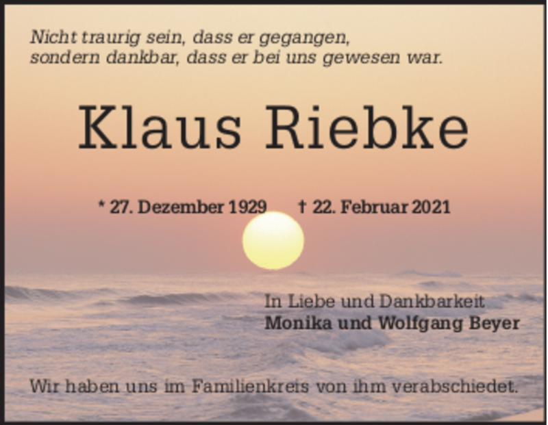  Traueranzeige für Klaus Riebke vom 06.03.2021 aus Mannheimer Morgen