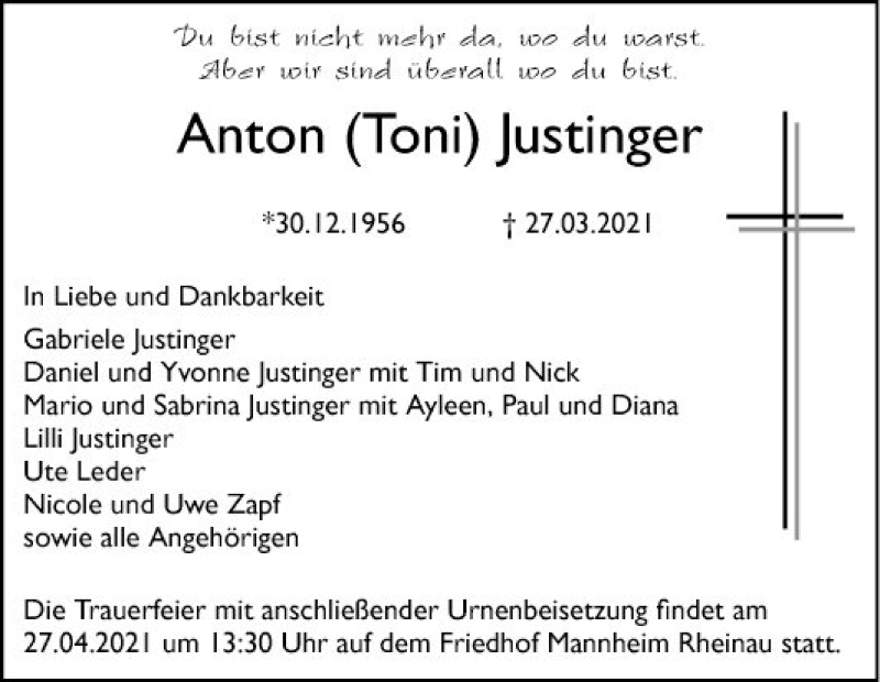  Traueranzeige für Anton  Justinger vom 24.04.2021 aus Mannheimer Morgen