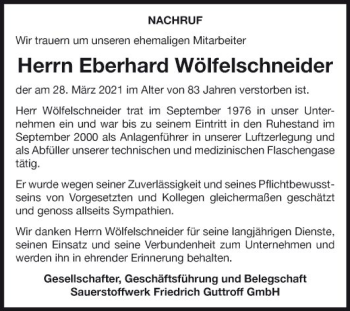 Traueranzeige von Eberhard Wölfelschneider von Fränkische Nachrichten
