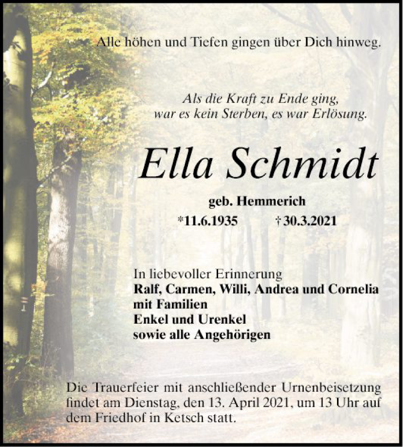  Traueranzeige für Ella Schmidt vom 10.04.2021 aus Schwetzinger Zeitung