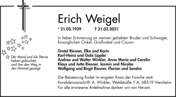 Traueranzeige von Erich Weigel von Südhessen Morgen