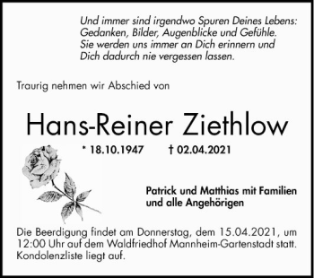 Traueranzeige von Hans-Reiner Ziethlow von Mannheimer Morgen