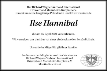 Traueranzeige von Ilse Hannibal von Mannheimer Morgen