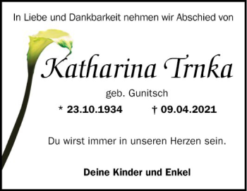 Traueranzeige von Katharina Trnka von Mannheimer Morgen