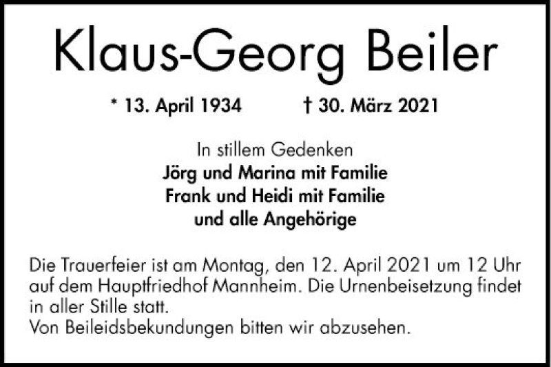  Traueranzeige für Klaus-Georg Beiler vom 10.04.2021 aus Mannheimer Morgen