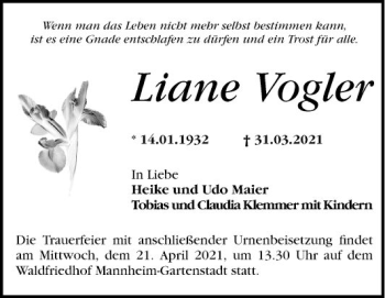 Traueranzeige von Liane Vogler von Mannheimer Morgen