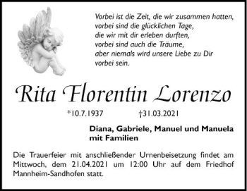 Traueranzeige von Rita Florentin Lorenzo von Mannheimer Morgen