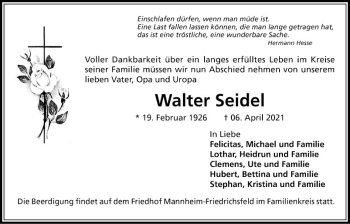 Traueranzeige von Walter Seidel von Mannheimer Morgen